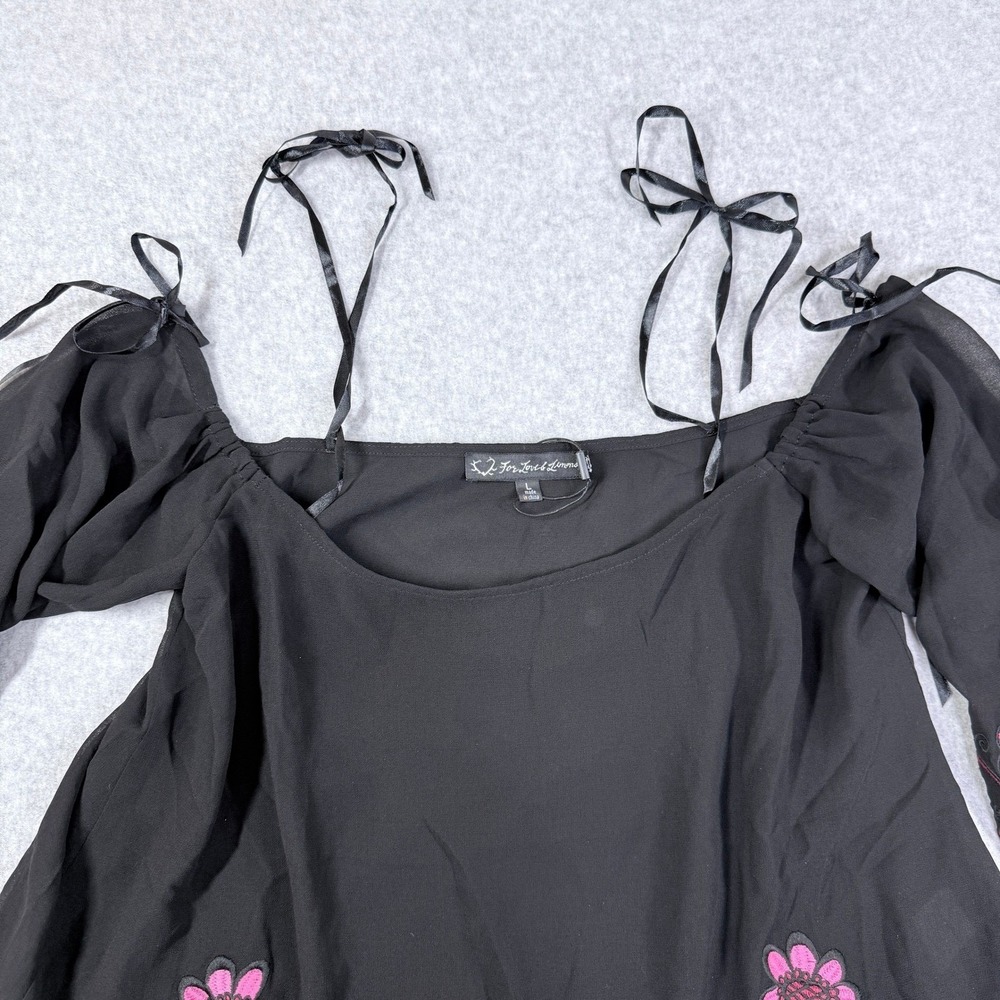 For Love & Lemons Blouse Women L Black Good Floral Embroidered Boho Ribbon Tie - Picture 12 of 14